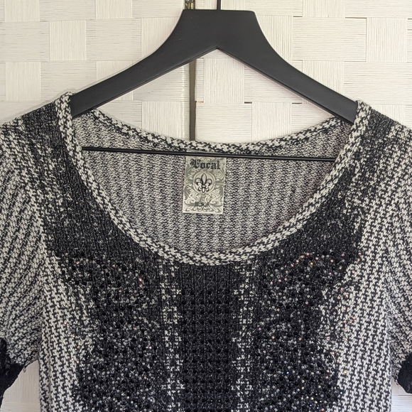 Vocal Elegant Black Gray Lace Dress Sz Small Lacy Feminine Vamp Chic - Picture 3 of 6